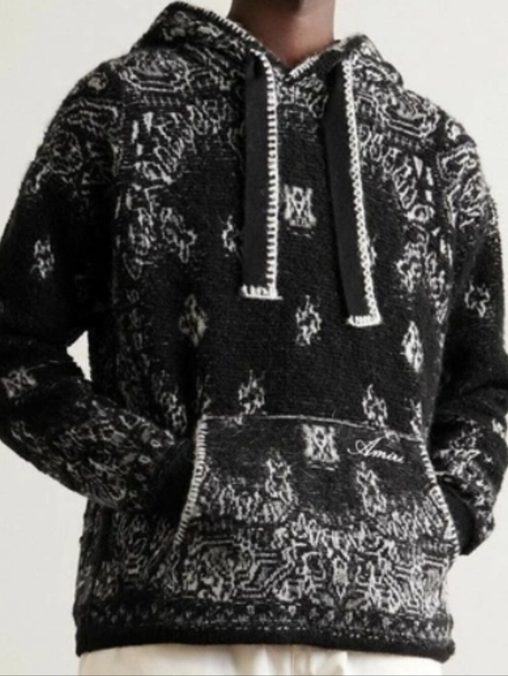 Amiri NWT Bandana Alpaca Wool Blend Black & White Patterned Knit Hoodie Sz XL